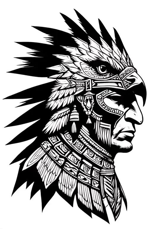 male Aztec warrior head with eagle headpiece tattoo design idea