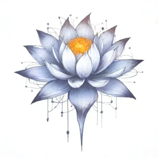 deep space themed objects and orbiting stars with trajectories around the lotus. dark colors, lexploding star in center  tattoo design idea