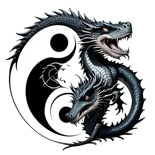 Komodo dragon and Japanese dragon with ying yang symbol tattoo design idea