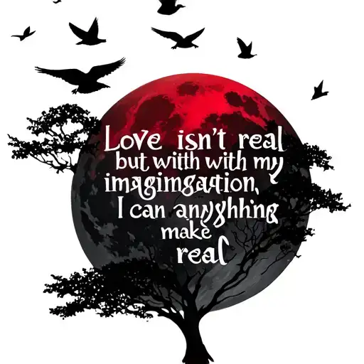 Posion tree birds flying towards a red moon quote "love isn't real, but with my imagination, I can make anything real tattoo design idea