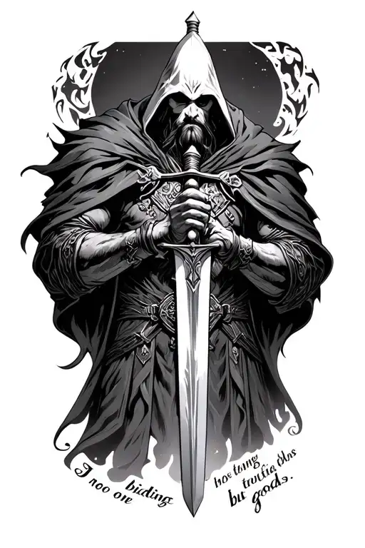 Azrael Arkham Night holding his sword tattoo with I do no one bidding but gods quote  tattoo design idea