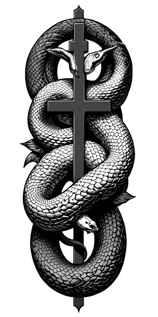 Vector elongated snake silhouette snake bodies wrapped around crucifix dark blackwork gothic tattoo design idea