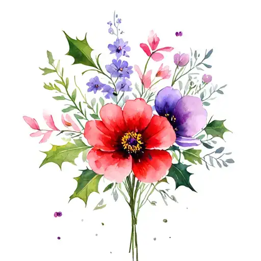 birth flower bouquet with holly (red), cosmos (red), violet, Primrose , Sakura (Cherry Blossom)  tattoo design idea
