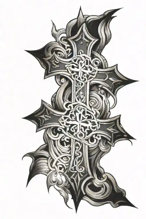 three nail cross lighting behind tattoo design idea