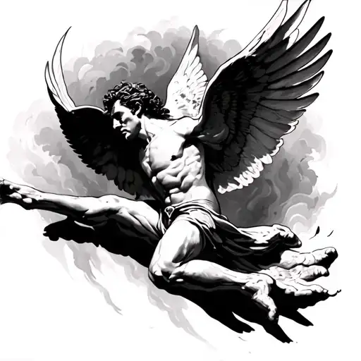 icarus falling in great detail black and white tattoo design idea