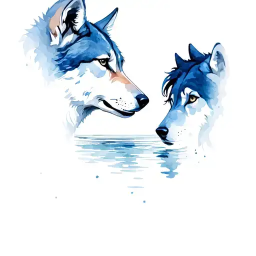 girl wolf looking into water of male wolf head tattoo design idea