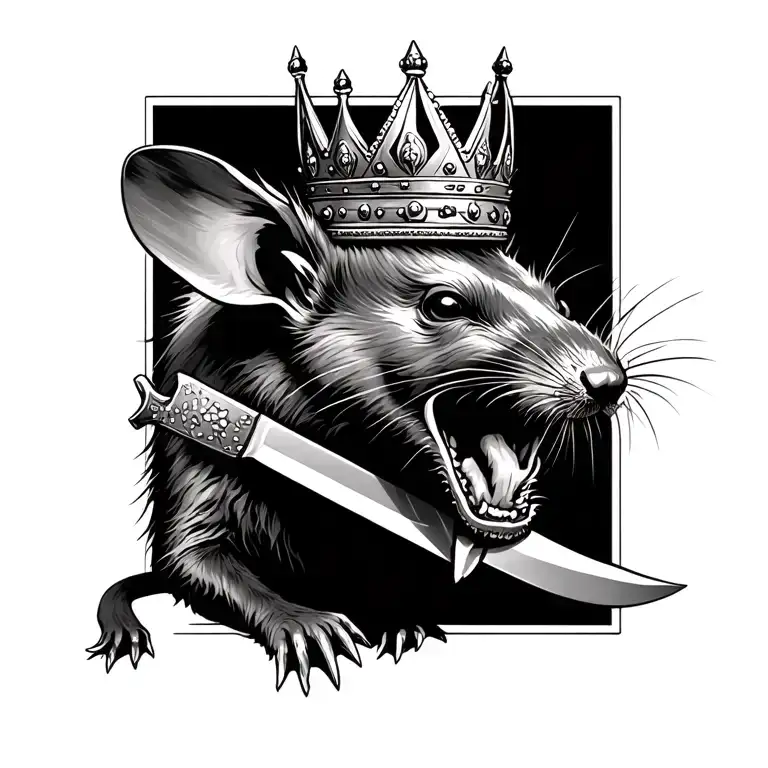 full body side profile of a rabid rat with a knife in it's mouth and a king's crown on it's head tattoo design idea
