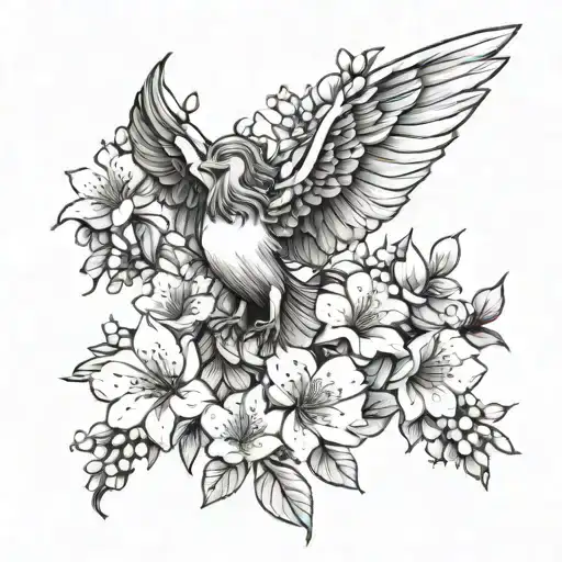 apple blossoms with broken angel wings spread wide tattoo design idea