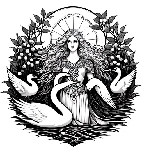 fair haired Celtic Goddess, Aine. surrounded by Swans, rowan berries and the sun tattoo design idea