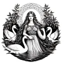 fair haired Celtic Goddess, Aine. surrounded by Swans, rowan berries and the sun tattoo design idea