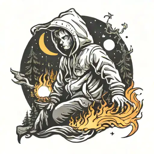 moon stars forest fire man in a hoodie tattoo design idea