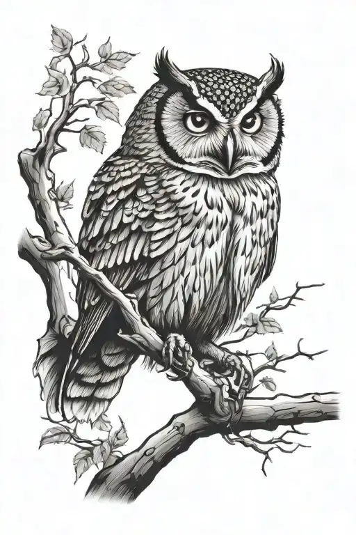 owl perched on a tree branch tattoo design idea