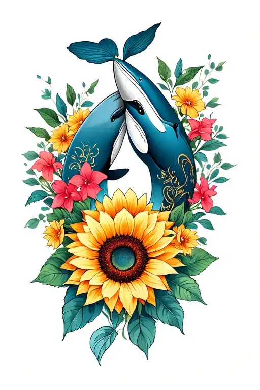 Design a unique inner forearm tattoo including Bougainville, sunflower and whale couple for a man. tattoo design idea