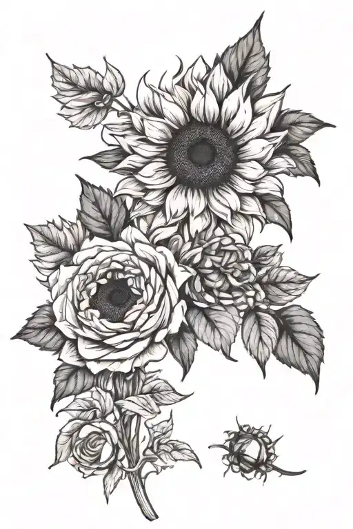 sunflower, rose, ranunculus flowers tattoo design idea