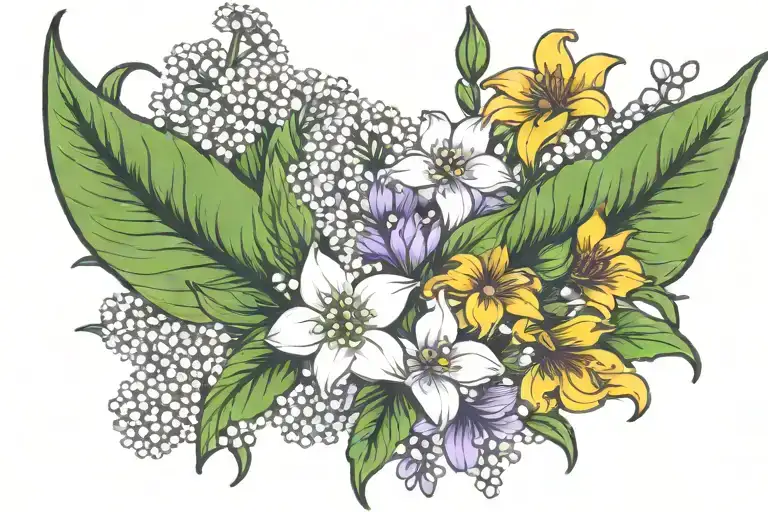 Lilly of the valley, chrysanthemum, violet flower, and daisy  tattoo design idea