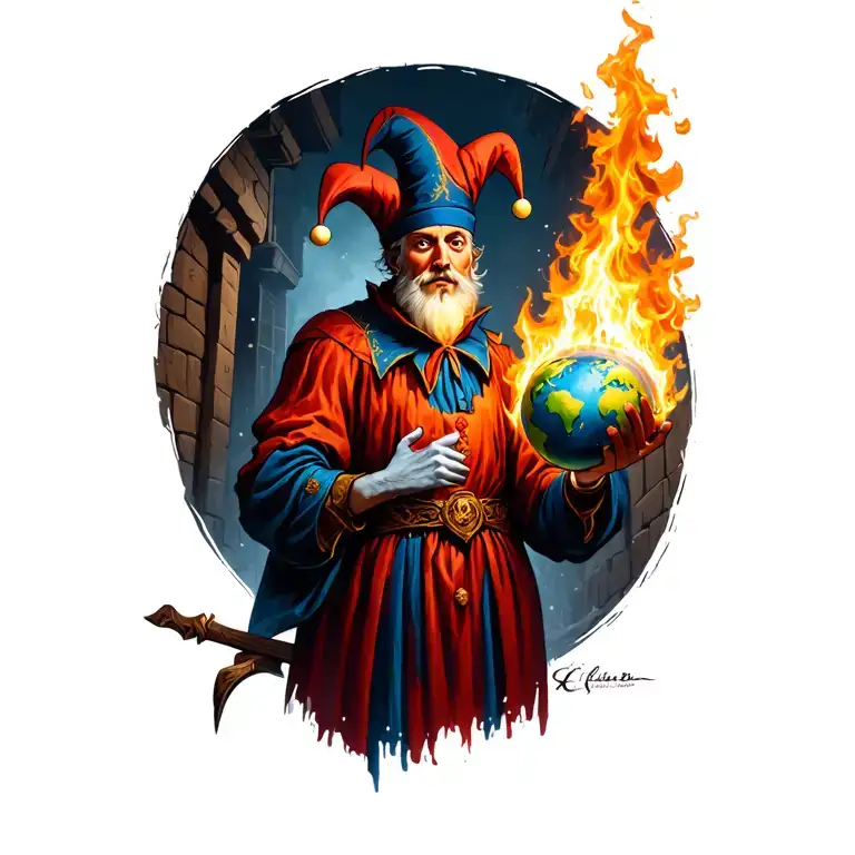 medieval court jester holding a burning earth in a dark alley.  He is untrustworthy and he is offering us the globe tattoo design idea