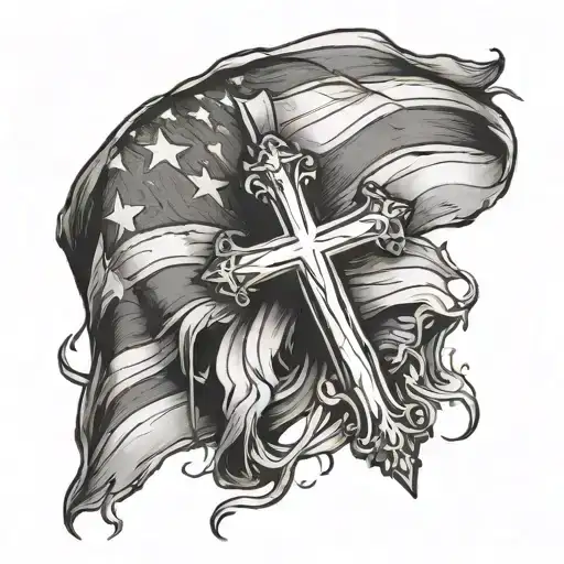 tattered flag and cross tattoo design idea