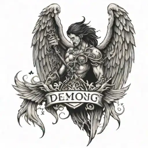 half angel wings and half demon wing with demonic sign in middle tattoo design idea