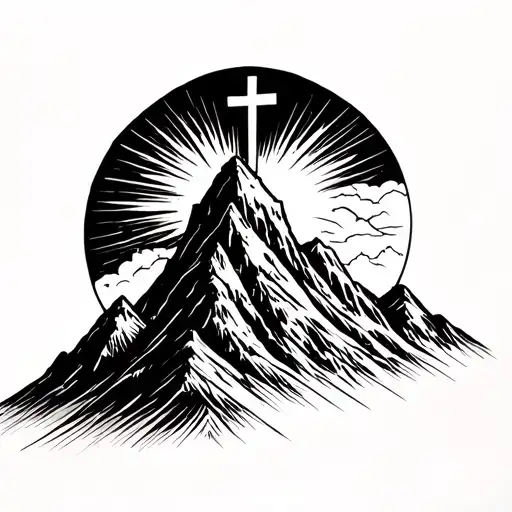 mountain peak with a cross on the tip with light shining tattoo design idea