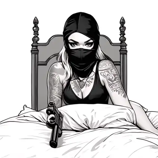 pin up girl with balaclava and gun on the bed  tattoo design idea