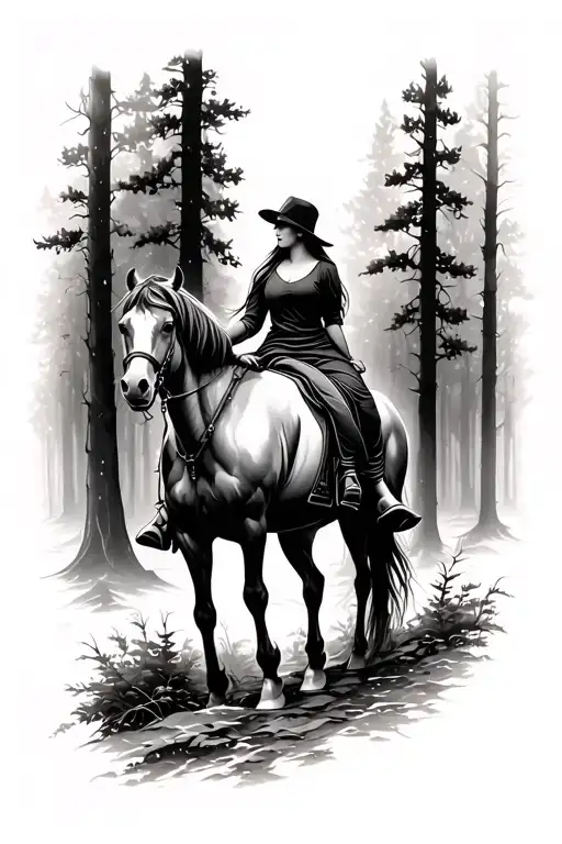 women riding a horse in forest memoral tattoo tattoo design idea