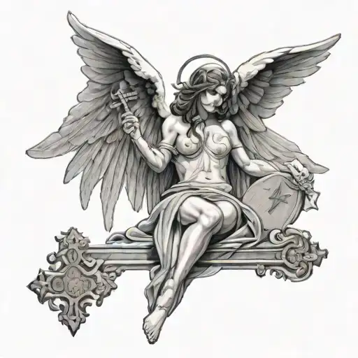 half nakedhooded  female Angel Holding A Cross tattoo design idea