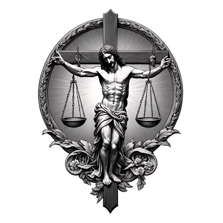 Jesus hanging in the middle of libra scales like a cross tattoo design idea