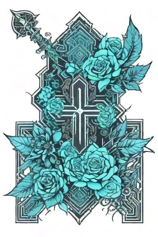 cross feather roses tattoo design idea