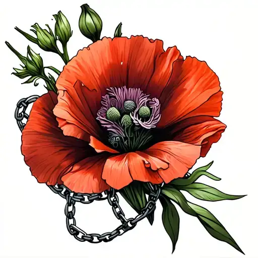 Gladiolus and a poppy flower with kurapikas chains wrapped around them on inner forearm tattoo design idea