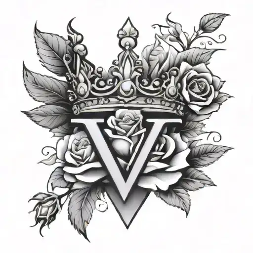 letter V with a crown and roses tattoo design idea