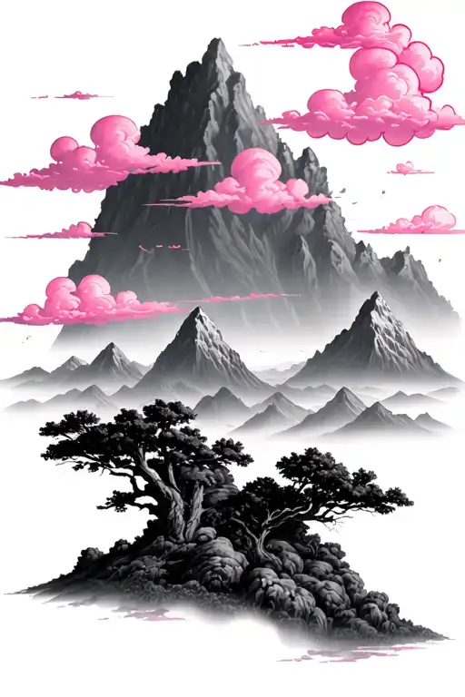 A serene landscape tattoo featuring pink clouds floating over majestic mountains, symbolizing the beauty of nature and the peacefulness of the sky tattoo design idea