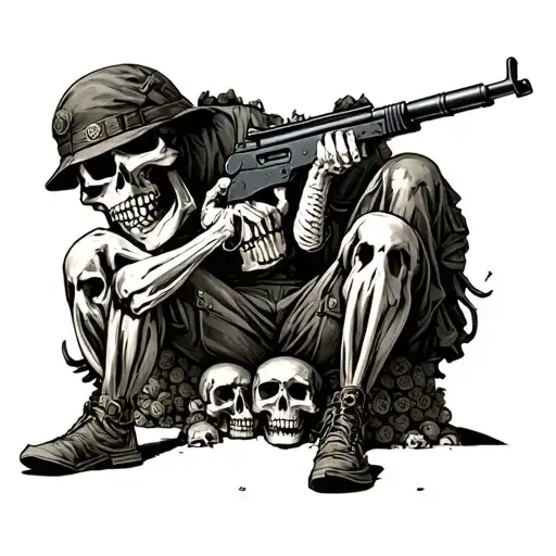 It is necessary to draw a skeleton in military uniform, which sits on a large number of skulls, in the hand of the skeleton AK4 tattoo design idea