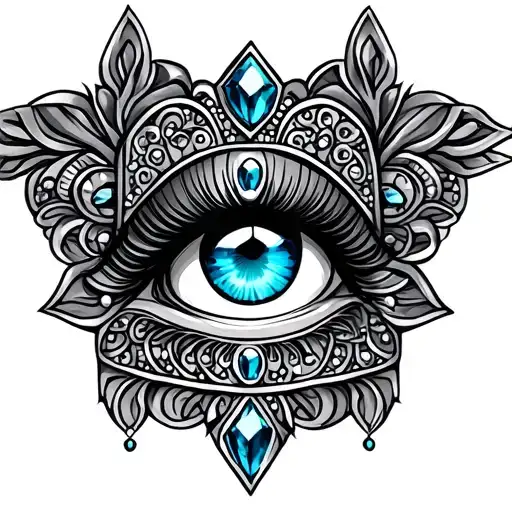 hamsa with jewels and blue eye tattoo design idea