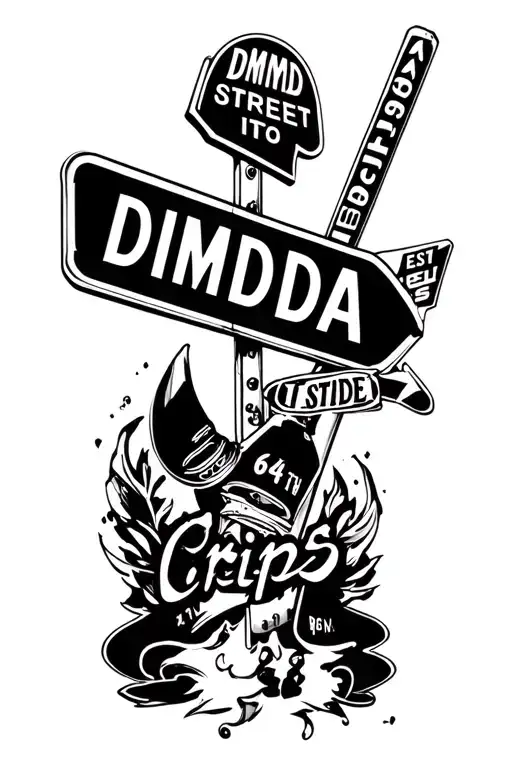 A gang tatto DMD murda Crips with a 64th street sign and a east side  and west side gang signs street style , hood tatto tattoo design idea