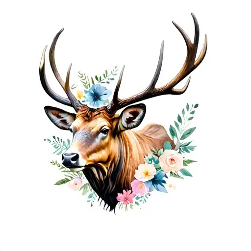 bull elk fine line simple with antlers surrounded with watercolor flowers tattoo design idea