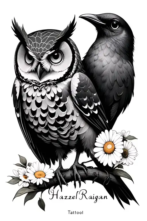 "Hazel Raegan" sweet pea daisies web crow owl tattoo design idea