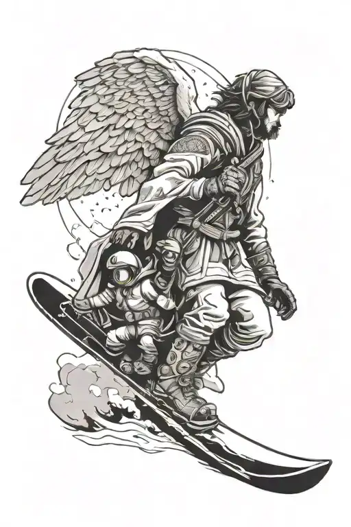 A guardian angel protecting a snowboarder on a snowy mountain with biblical symbols tattoo design idea