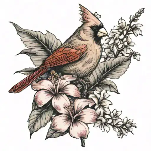 displayed cardinal with plumeria and hibiscus flowers tattoo design idea