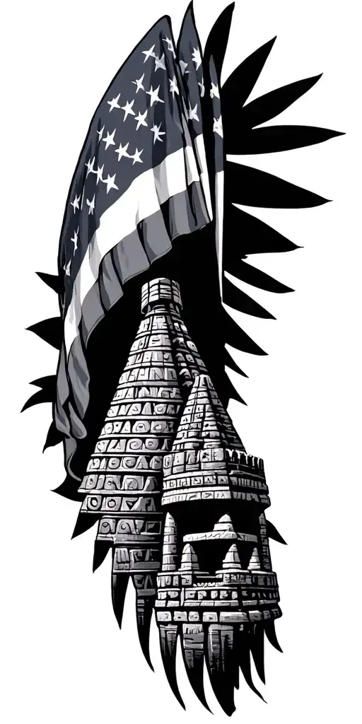 American and Mexican flag with Mayan inspiration and temples  tattoo design idea