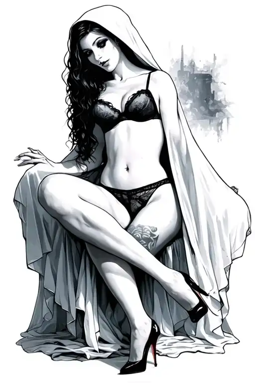 classic look of a ghost with the white sheet, but with legs of a sexy lady wearing lingerie and high heels tattoo design idea