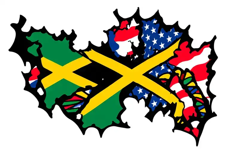Jamaican flag intertwined with American flag inside DNA double helix ripped skin look tattoo design idea