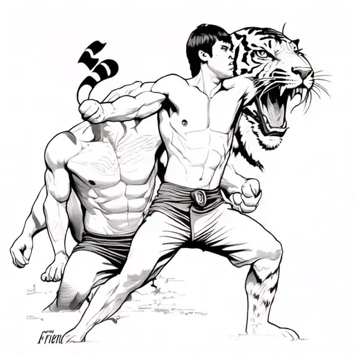 "Be Water My Friend" Bruce Lee's doing his iconic poses with a roaring tiger behind him tattoo design idea