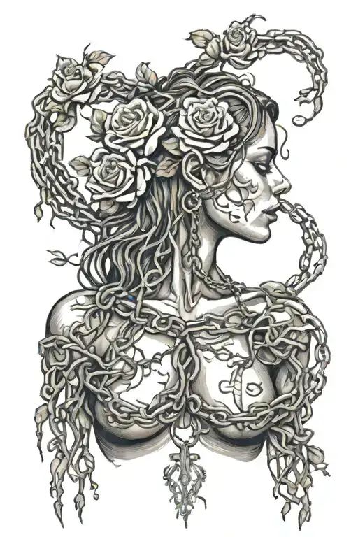 Silhouette of a girl naked anatomically correct breasts, roots growing out of chains, roses tattoo design idea