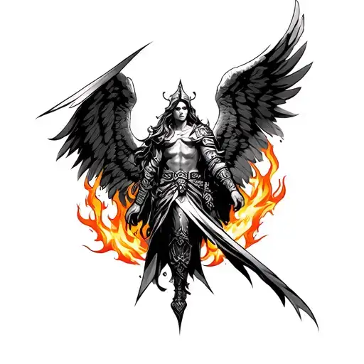 warrior angel fire surrounded tattoo design idea