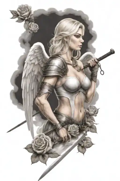 a sexy blond female angel as a warrior with some clouds, a rose and a Cross for a halfsleeve tattoo tattoo design idea