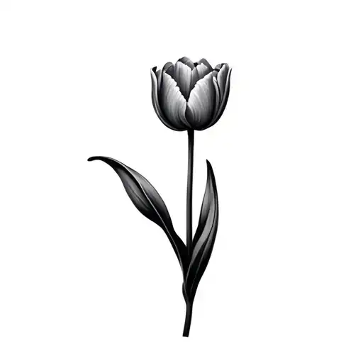 Black and grey dutch tulips curved slightly with leaves on a stem tattoo design idea