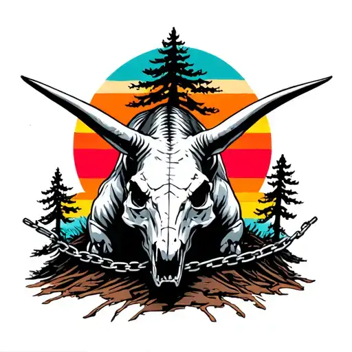 triceratops skull trapped in chains with trees colors sunset tattoo design idea