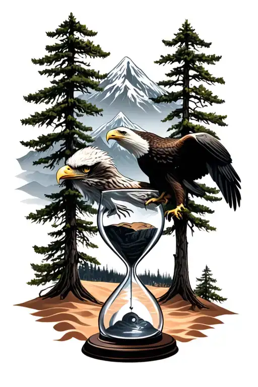eagle eyes behind trees with hour glass with sand and mountain on background and a loyalty sentence tattoo design idea