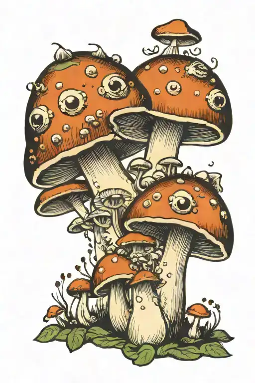 mushrooms with many eyes all over their bodies tattoo design idea