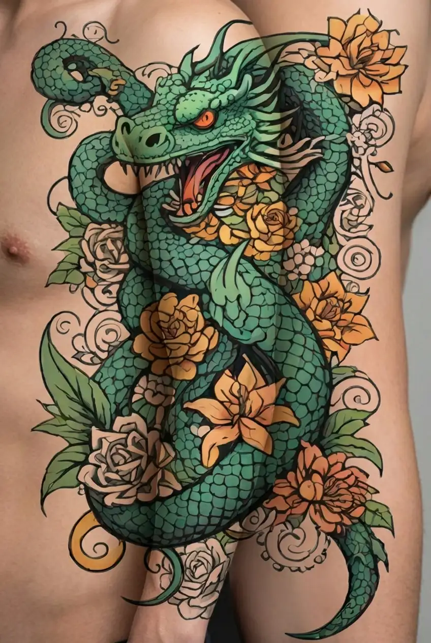dragon or snake and flowers tattoo design idea
